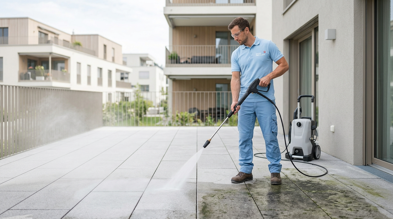 Hochdruckreinigung einer Terrasse in Zürich – sichtbares Vorher-/Nachher-Ergebnis