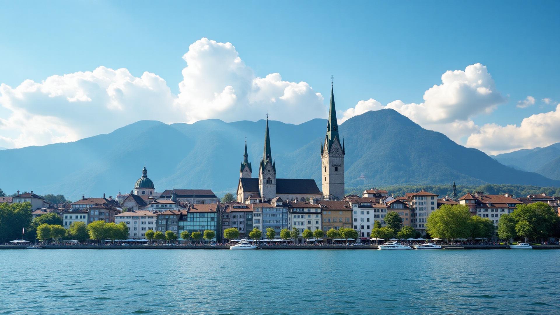 Beautiful Zurich cityscape with Lake Zurich and Swiss Alps